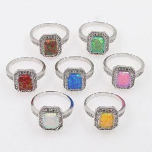 925 Sterling Silver Fashion CZ Diamond Square Cubic Simulated Opal Ring Women Girl Wedding Engagement Jewelry