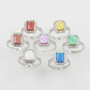 925 Sterling Silver Fashion CZ Diamond Square Cubic Simulated Opal Ring Women Girl Wedding Engagement Jewelry