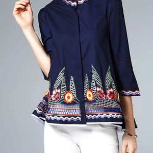 A-line 3/4 Sleeve Vintage Floral-embroidered Blouse