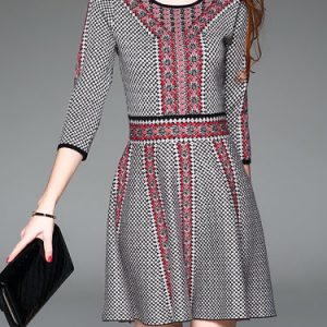 A-line 3/4 Sleeve Vintage Jacquard Mini Dress