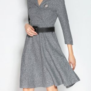 A-line Casual Wool Blend V Neck 3/4 Sleeve Midi Dress