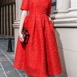 A-line Elegant Pockets Folds Embroidered Short Sleeve Midi Dress