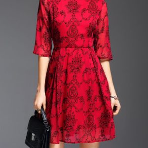 A-line Folds Floral 3/4 Sleeve Midi Dress