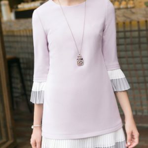 A-line Girly Long Sleeve Crew Neck Pleated Paneled Mini Dress