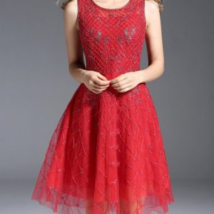 A-line Girly Sleeveless Beaded Paneled Embroidered Midi Dress