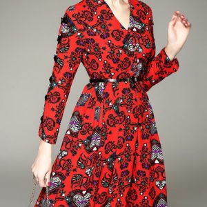 A-line Long Sleeve Casual Floral Midi Dress