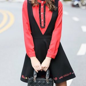 A-line Long Sleeve Letter Embroidered Color Block Mini Dress