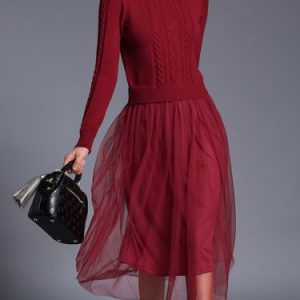 A-line Long Sleeve Mesh Paneled Casual Plain Midi Dress