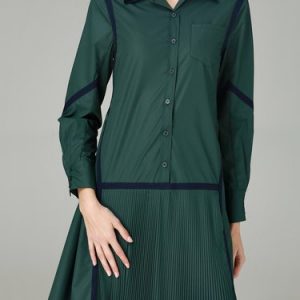 A-line Long Sleeve Pleated Casual Plain Shirt Dress