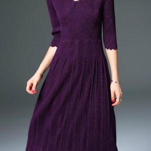 A-line Pleated 3/4 Sleeve Elegant Midi Dress