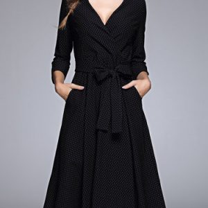 A-line Polka Dots Casual 3/4 Sleeve Wrap Dress