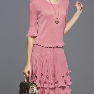 A-line Ribbed Casual Frill Sleeve Midi Dress