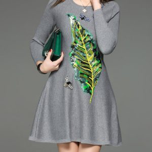 A-line Sequins Embroidery Animal Print Crew Neck Midi Dress