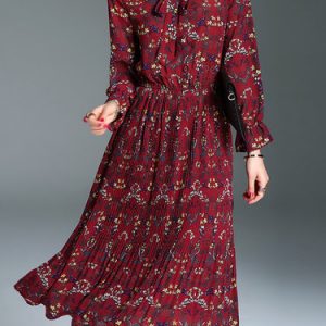 A-line Stand Collar Frill Sleeve Pleated Vintage Midi Dress