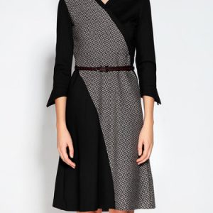 A-line V Neck Geometric Color Block 3/4 Sleeve Midi Dress