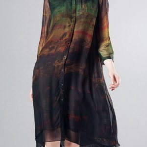 Abstract Vintage Buttoned High Low 3/4 Sleeve Shirt Dress