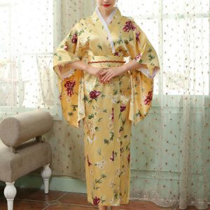 Adult's Japanes Costumes Yellow Kimono Polyester Satin Dress Oriental Set Holidays Costumes