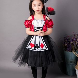 Alice In Wonderland Cosplay Red Ruffle Print Girl Costume Dress Halloween