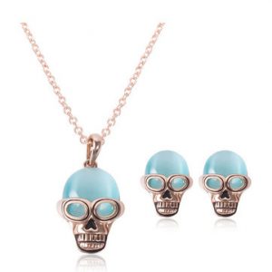 Alloy Inlaid Opal Skull Necklace Earrings Jewelry Set