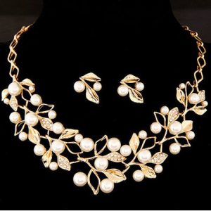 Alloy Leaf Pearl Rhinestone Jewelry Set