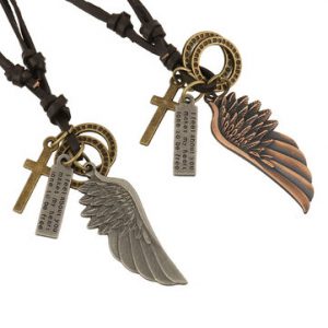 Antique Silver Bronze Angel's Wing Punk Style Leather Necklace for Men