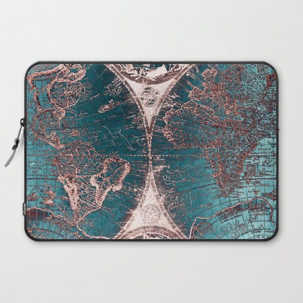 Antique World Map Pink Quartz Teal Blue by Nature Magick Computer Cover by Nature Magick - Laptop Sleeve - 15"