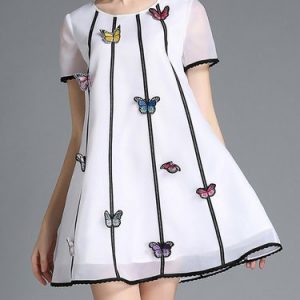 Appliqued Crew Neck Stripes Short Sleeve Girly Mini Dress