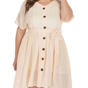 Apricot Buttoned Midi Dress Plus Size Clothes For Women