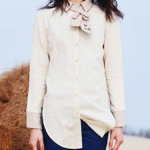 Apricot Cotton Color-block Long Sleeve Blouse