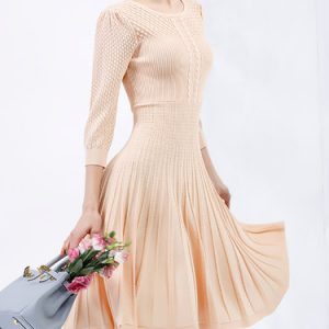 Apricot Crew Neck Half Sleeve Midi Dress