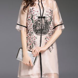 Apricot Embroidered Stand Collar Two Piece Vintage Coat