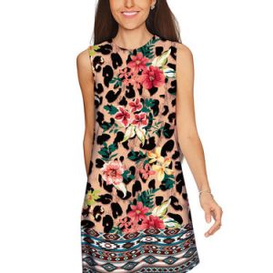 Apricot Floral-print Sleeveless Vintage Plus Size Mini Dress