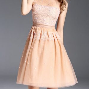 Apricot Sleeveless A-line Crew Neck Beaded Lace Midi Dress