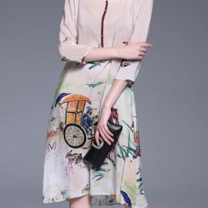 Apricot Vintage A-line Silk Crew Neck Midi Dress