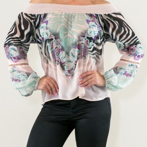 Apricot Zebra-print Off Shoulder Long Sleeve Blouse