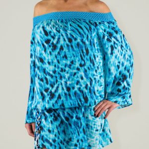 Aqua Off Shoulder Abstract Printed Mini Dress with Belt