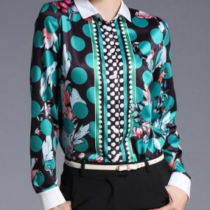 Aqua Printed Cotton-blend Shirt Collar Casual H-line Blouse