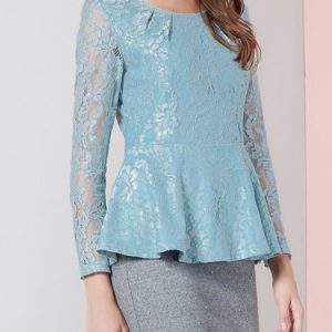 Aqua Ruffled Casual Crew Neck A-line Lace Long Sleeved Top