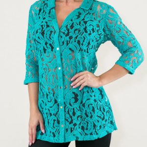 Aqua Sexy 3/4 Sleeve Stand Collar Lace Tunic