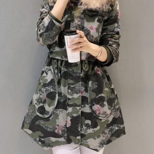 Army Green Casual Geometric Hoodie Parka