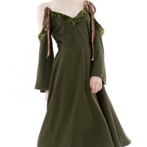 Army Green Cold Shoulder Bow-tied Vintage Midi Dress