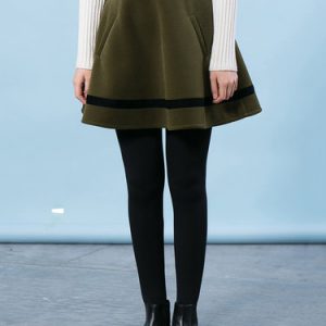 Army Green Color-block Velvet A-line Casual Midi Skirt