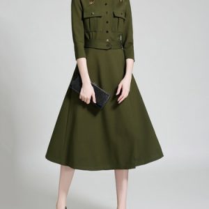 Army Green Cotton-blend A-line Buttoned Elegant Midi Dress