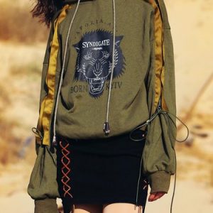 Army Green Drawcord Long Sleeve Tribal Printed Hoodie