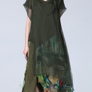 Army Green Floral Vintage Silk Midi Dress