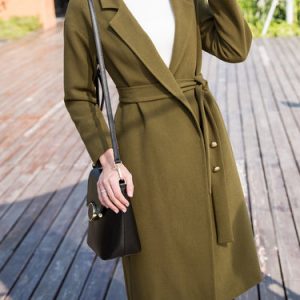 Army Green Lapel Simple Long Sleeve Coat with Belt