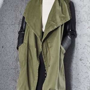 Army Green Long Sleeve Solid Slit Paneled PU Coat