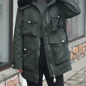 Army Green Plain Cotton-blend Faux Fur Casual Coat