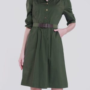 Army Green Plain Half Sleeve Midi Dress