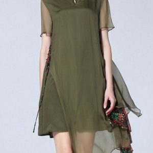 Army Green Silk Short Sleeve Midi Dress